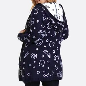 Torrid Sailor Moon Cat Star Intarsia Hooded Navy Cardigan M/L Tall Friendly